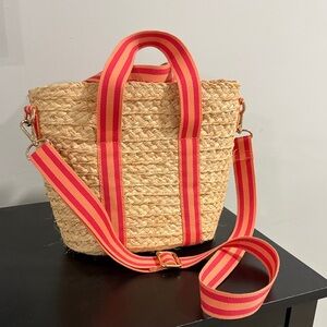 JCrew Straw Tote Bag with Pink Straps